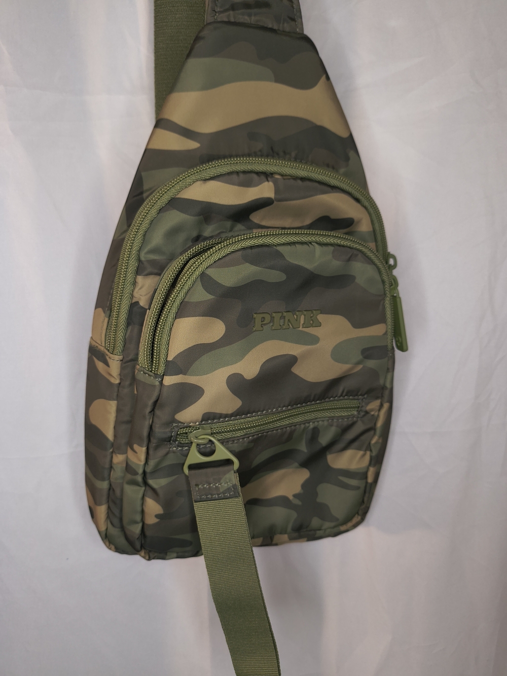 Victoria's Secret PINK Nylon Sling Backpack in a green camo pattern - Picture 2 of 6